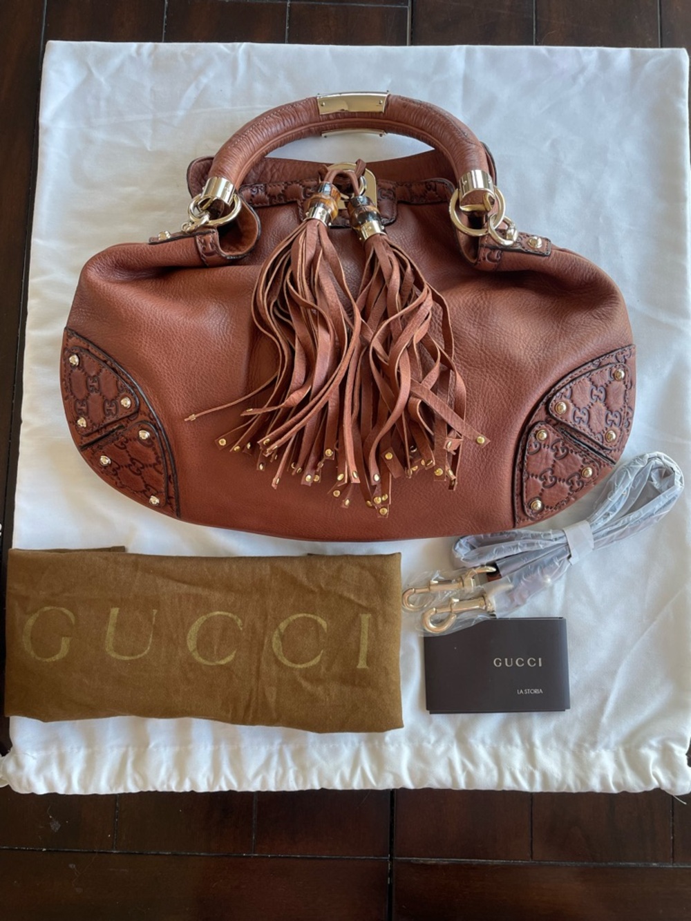 Gucci Babouska Hobo Indy Fringe Leather Bag GG with Bamboo Tassel